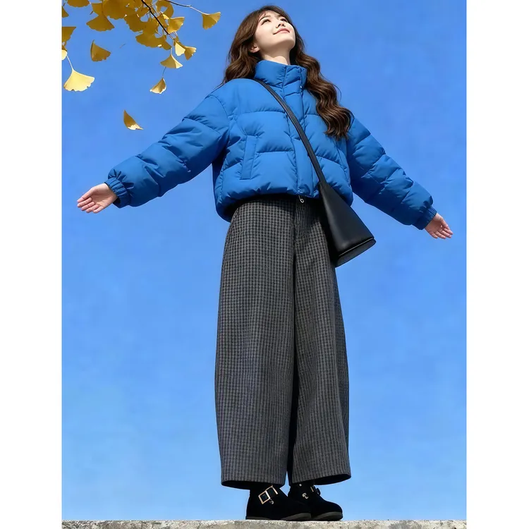 2025秋冬新款高级感小香风克莱茵蓝棉服高腰格子阔腿裤两件套装女