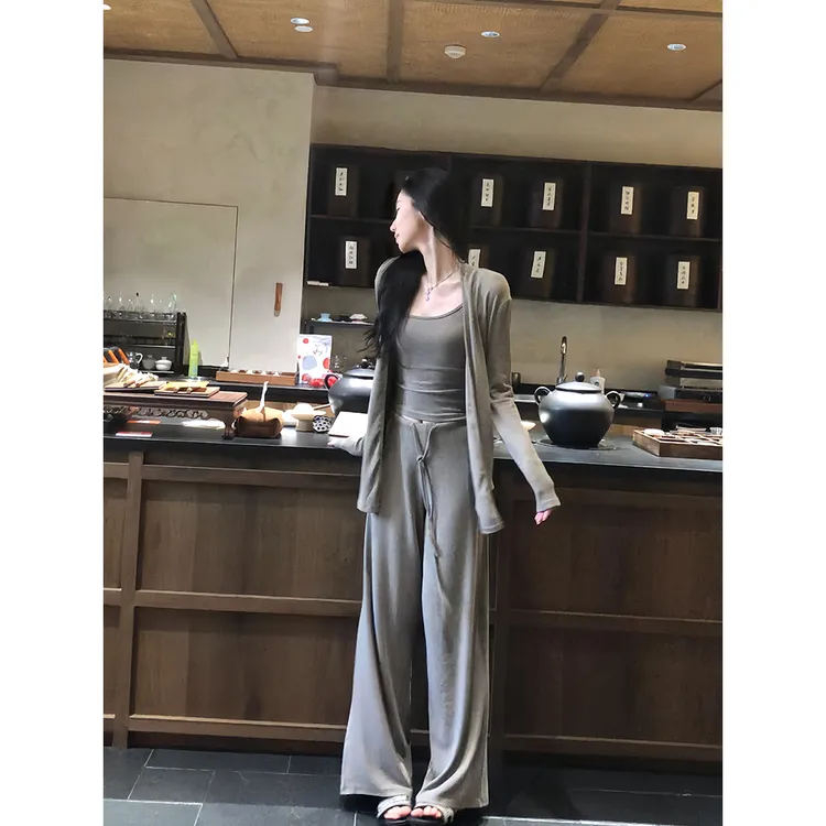 2025新款纯欲百搭灰色针织背心开衫休闲裤睡衣女慵懒可外穿三件套