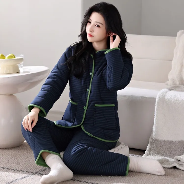 睡衣女款秋冬季三层夹棉袄加厚保暖表层纯棉条纹可外穿家居服套装