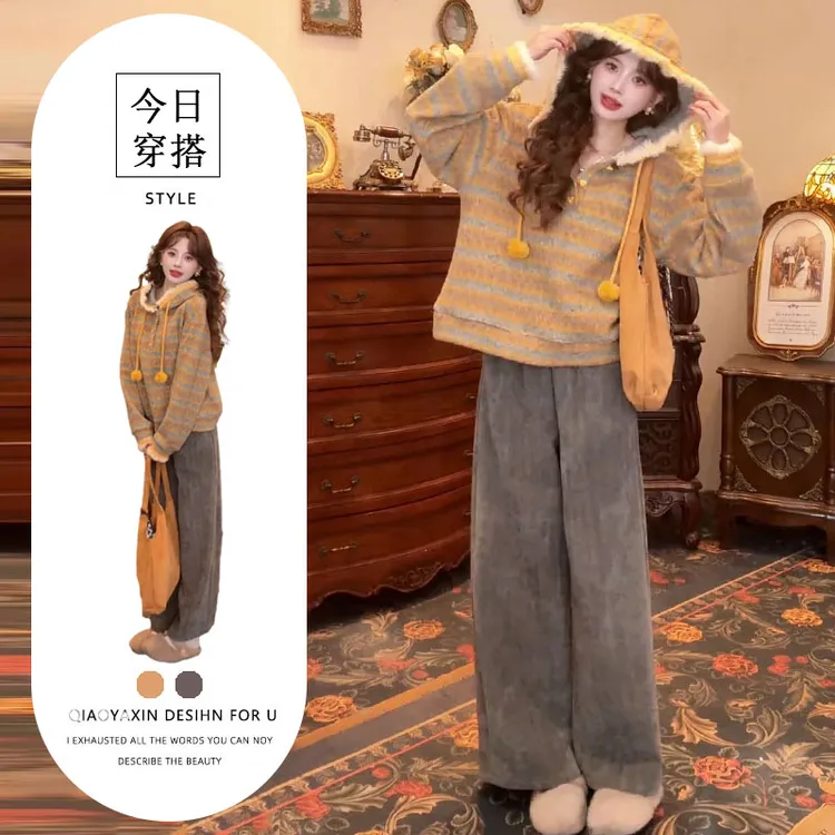 韩系潮流一整套穿搭女2025冬季新款时尚条纹卫衣高腰休闲裤套装