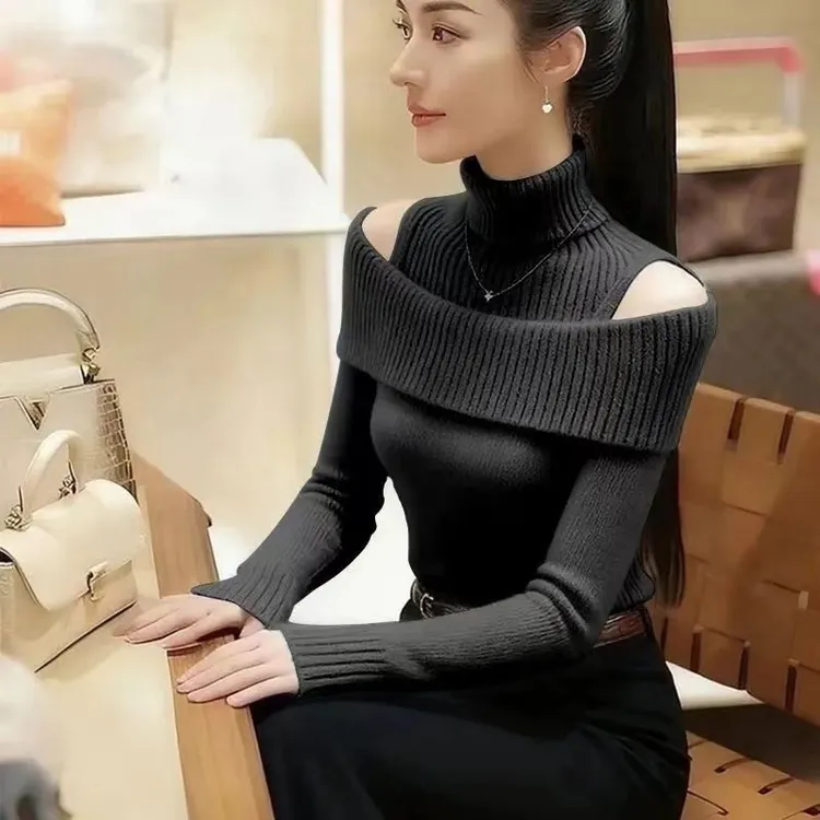 蓝色高领毛衣女秋季高端小众不撞款小香风巨好看气质掐腰针织上衣