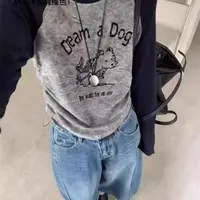 【周嵘专属】字母卡通插肩水墨丹青纹理植绒印花T恤-衣长56左右