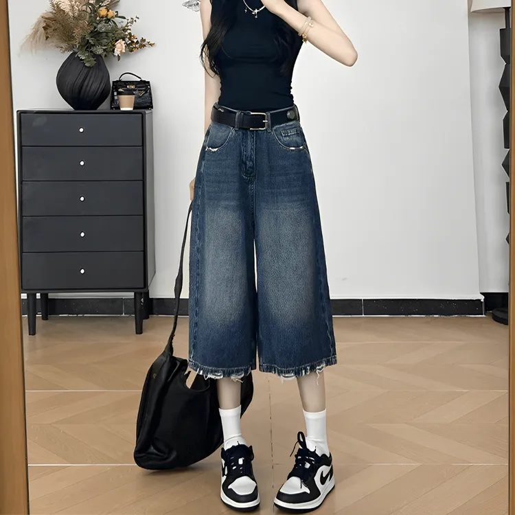 美式复古磨破宽松七分牛仔裤女夏季薄款高腰松弛感休闲直筒中裤潮