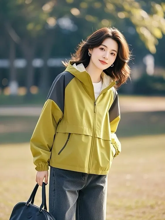 撞色拼接2025春季超好看漂亮冲锋衣女休闲百搭芥末黄色出游服装女