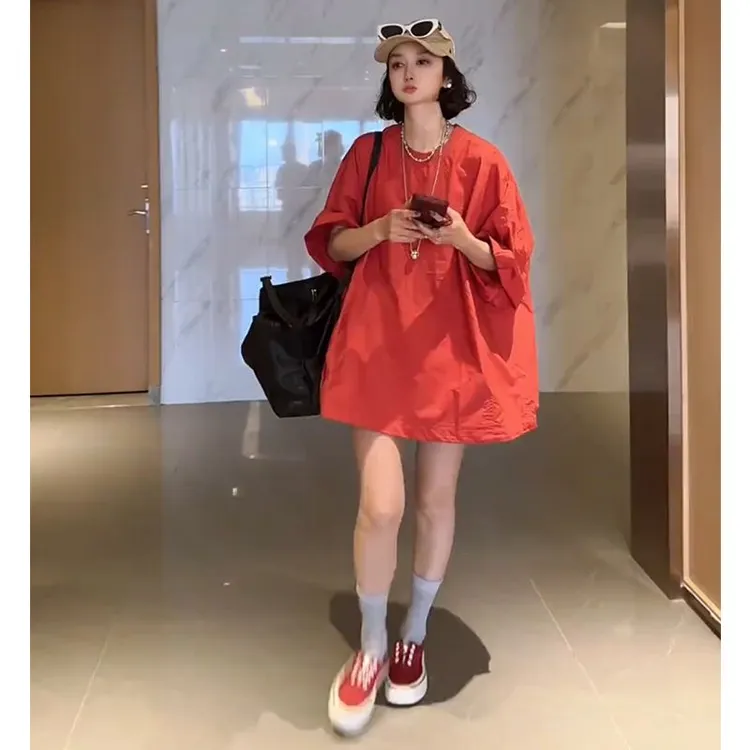 韩版百搭宽松中长款纯色T恤欧洲站2025夏季新款时尚休闲圆领上衣