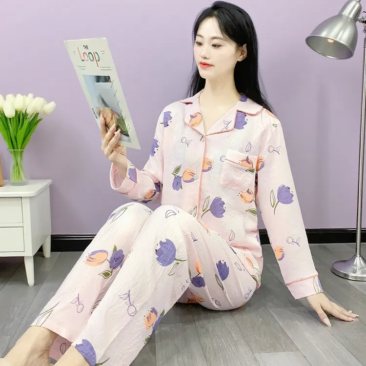 长袖睡衣女春秋云朵棉薄款V领时尚印花大码家居服可外穿套装Y170