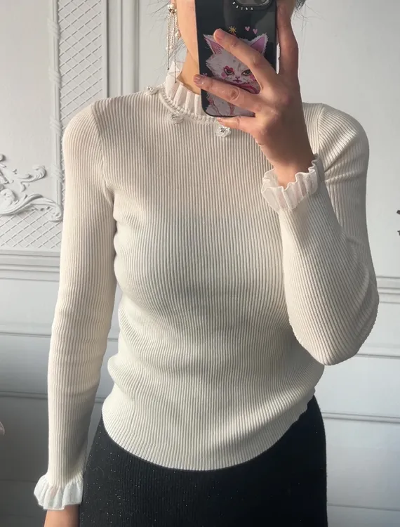 手工钉珠针织衫新款女士打底衫上衣法式白色蕾丝毛衣女