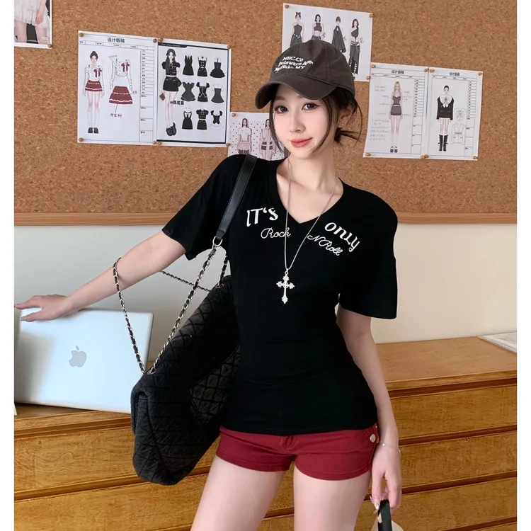 美式辣妹修身显瘦字母印花短袖T恤女装夏季百搭绝美上衣