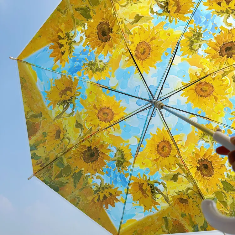 油画风向日葵花海透明雨伞折叠全自动长柄伞高颜值加厚小清新伞
