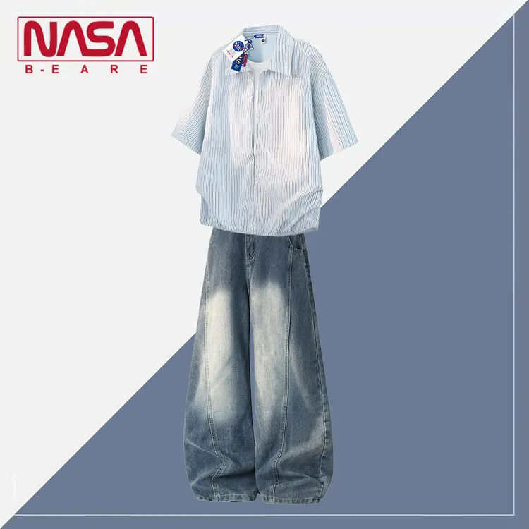 NASA联名日系假两件竖条纹短袖衬衫套装男士夏季大码牛仔裤两件套
