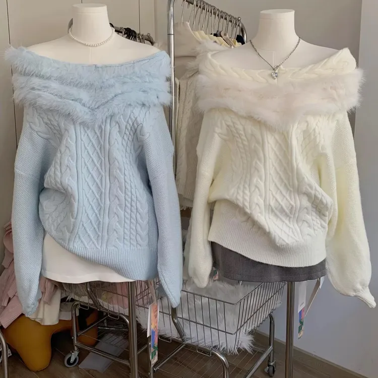 高级设计感毛毛领露肩韩系纯欲风毛衣女2025秋冬新款超好看针织衫