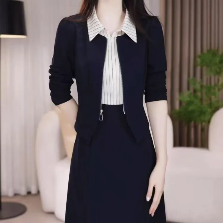 5509#时尚优雅假两件连衣裙女2025秋季修身显瘦遮肚中长款裙子