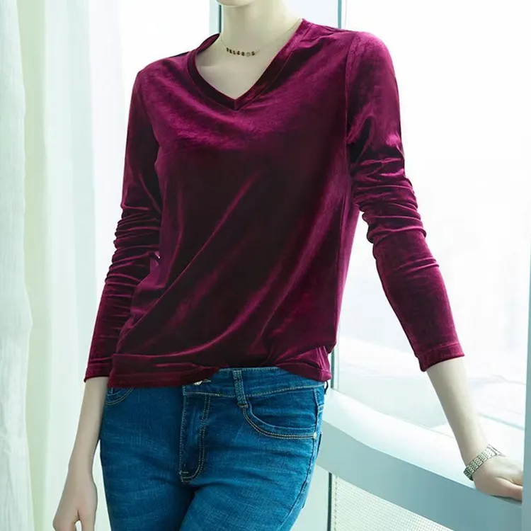 V领套头丝绒长袖上衣新款洋气气质遮肚显瘦百搭妈妈打底衫1056