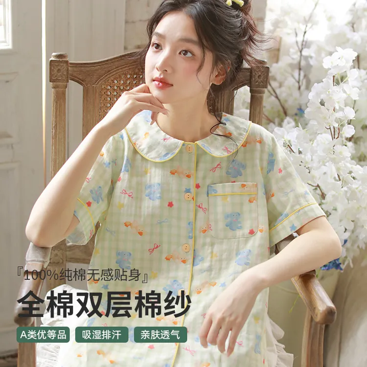 新品睡衣女士甜美少女卡通棉纱短袖短裤夏季家居服两件套夏季套装