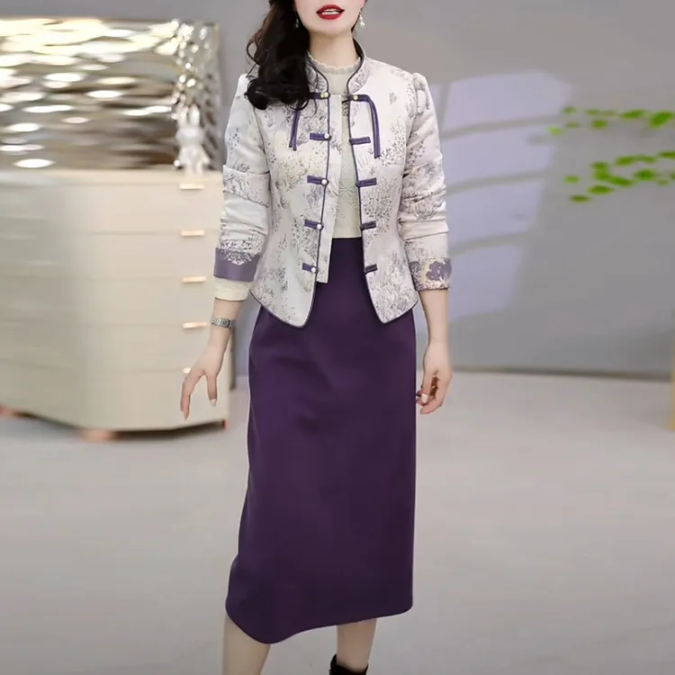 提花缎新中式国风两件套连衣裙2025春季新款时尚复古气质套装裙子