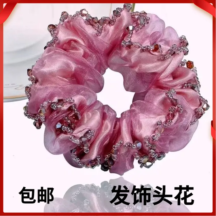 韩版绢纱发圈女简约丸子头头绳手工仿水晶橡皮筋欧根纱大肠发饰