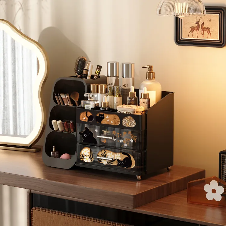 美世达萌猫桌面收纳盒中古风防尘台面化妆品置物架抽屉式高级感