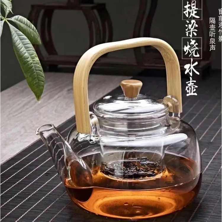高硼硅玻璃竹把手提梁壶可明火可电陶炉简约款泡茶壶