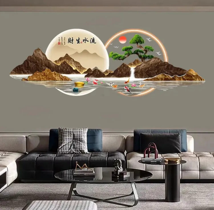 流水生财轻奢风格迎客松客厅亚克力装饰画沙发背景墙挂画简约现代