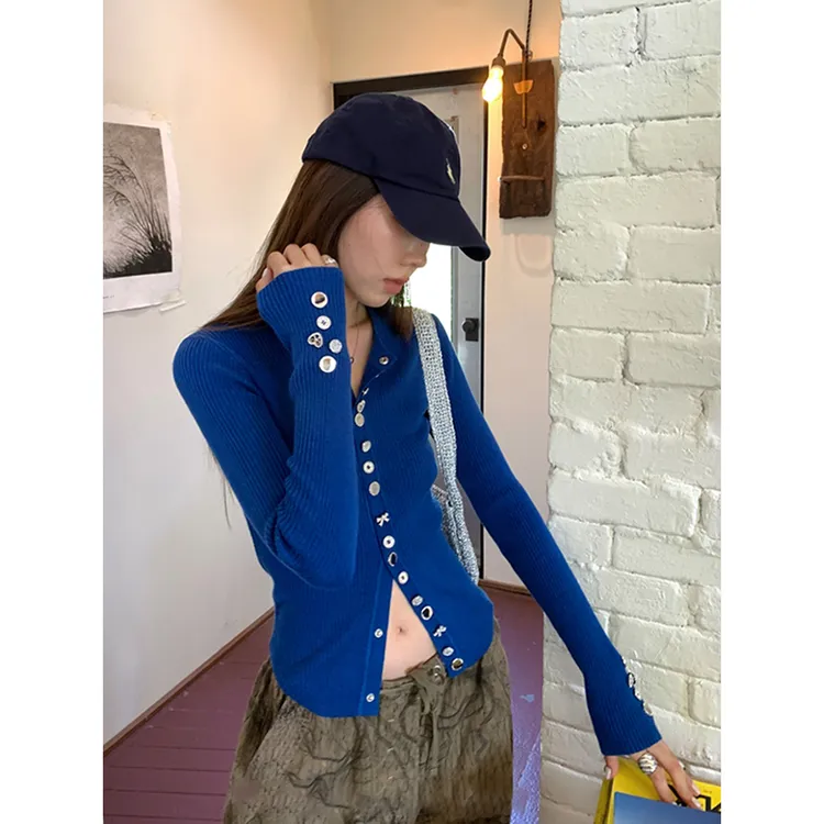 韩版百搭克莱因蓝圆领针织开衫女早秋穿搭洋气单排扣修身显瘦上衣