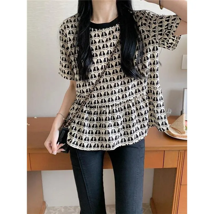 高级感法式短袖雪纺衫女夏装2023新款宽松胖妹妹大码显瘦衬衣ins