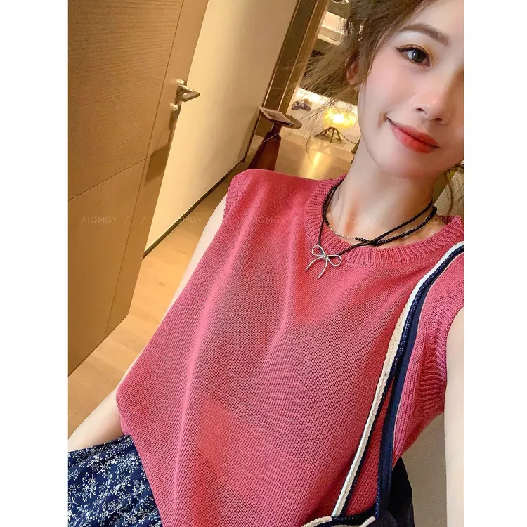 纯色无袖休闲圆领针织衫T恤女2025年夏季新款百搭薄款上衣