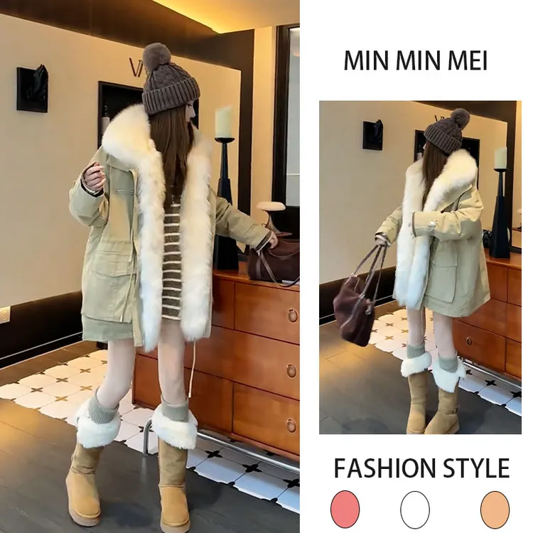 冬装设计感毛毛领夹棉外套中长款加厚宽松保暖上衣修身显瘦女装