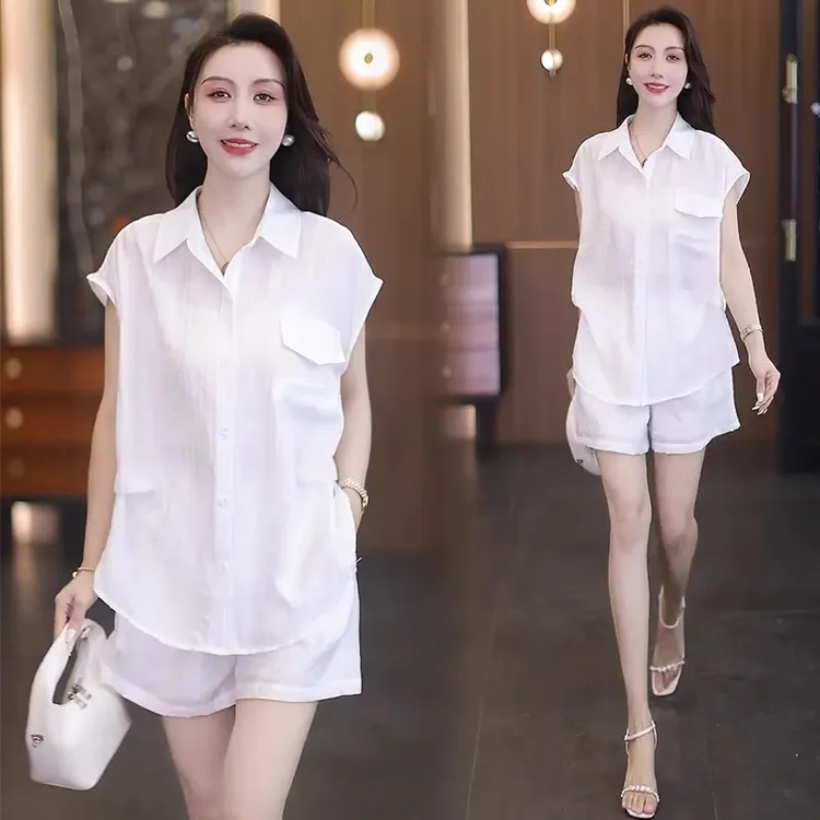 拉夏贝尔时尚套装女2025夏季新款宽松显瘦短袖衬衫短裤气质两件套