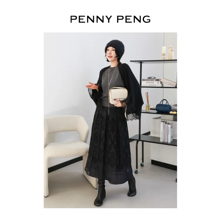 PENNYPENG 黯芳 法式优雅重工提花刺绣双面穿黑色百搭半裙长裙
