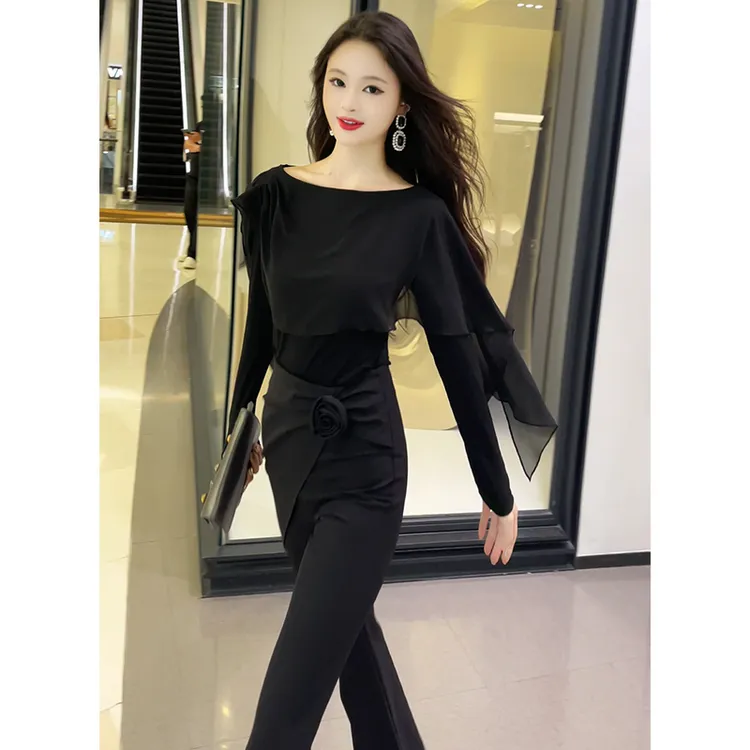 格润雅黑色长袖上衣女装秋季新款独特别致设计感显高显瘦微喇裤