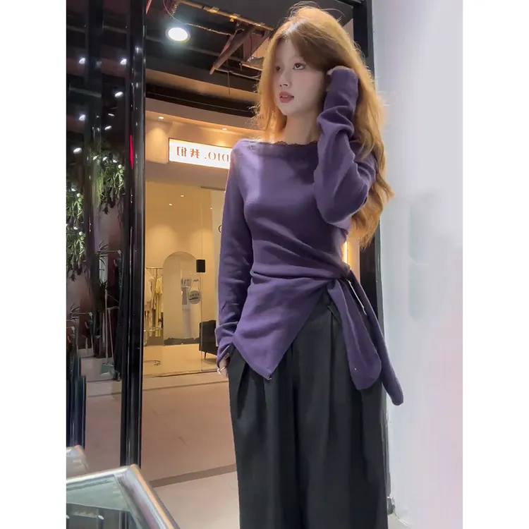 韩版2025秋冬不规则开叉褶皱蕾丝一字肩长袖T恤纯欲性感上衣女