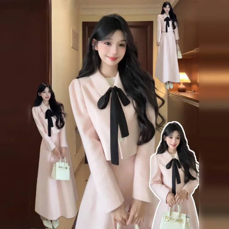 法式富家千金小香风粉色套装2025新款秋冬巨好看蝴蝶结连衣裙子女