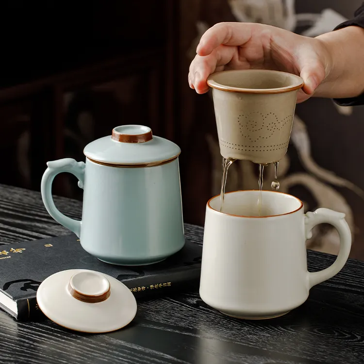 汝窑陶瓷茶水分离杯耐高温水具套装办公杯带盖泡茶杯大容量