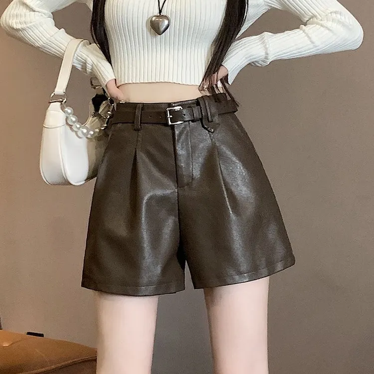2025秋冬新款pu皮短裤女个性高腰显瘦百搭a字阔腿裤外穿打底靴裤