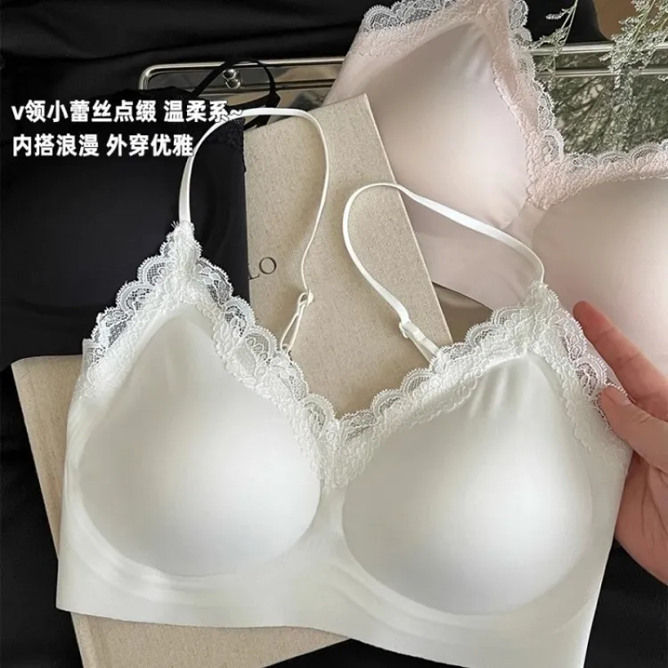温柔系蕾丝果冻条软支撑无痕内衣深V领小胸聚拢无钢圈甜美文胸女E