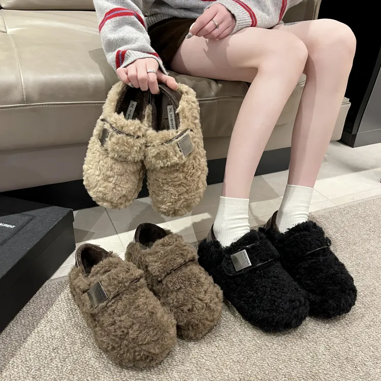 超火羊羔毛毛鞋女冬季新款仙女风豆豆鞋加绒棉鞋厚底增高勃肯棉鞋