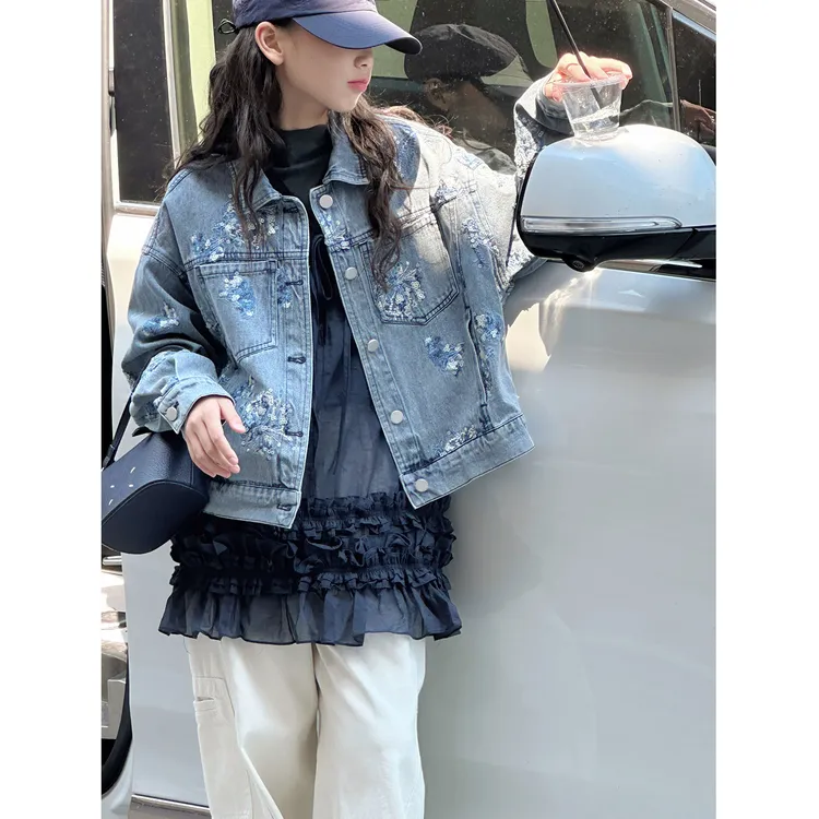 K29632孙小美刺绣珠光女童牛仔外套2025秋装新款大头儿童春秋上衣