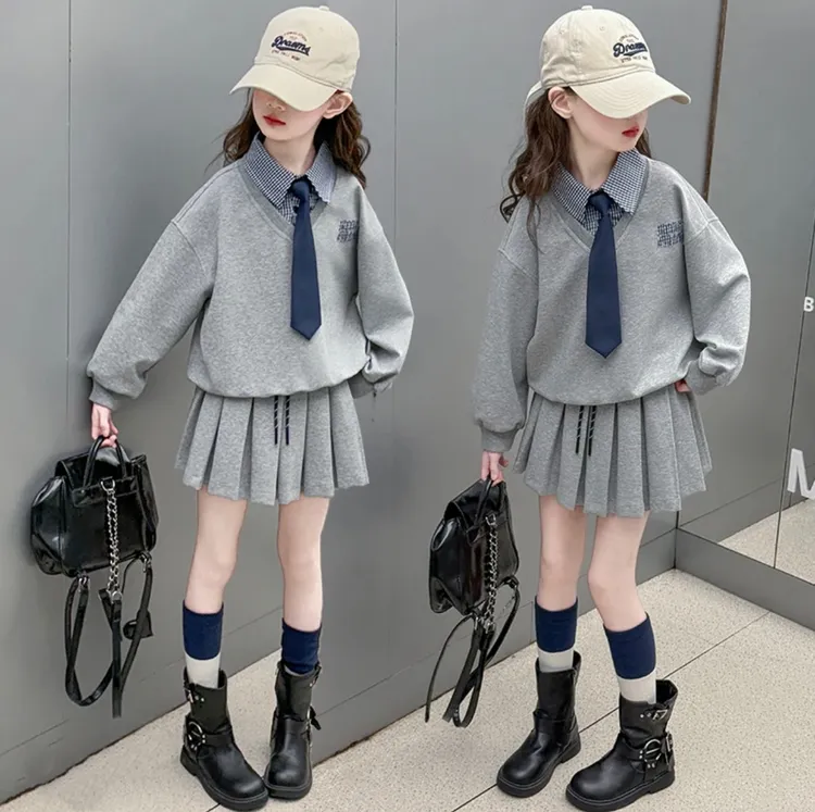 女童假两件卫衣百褶裙套装春秋2025新款中大童学院风洋气领带裙子