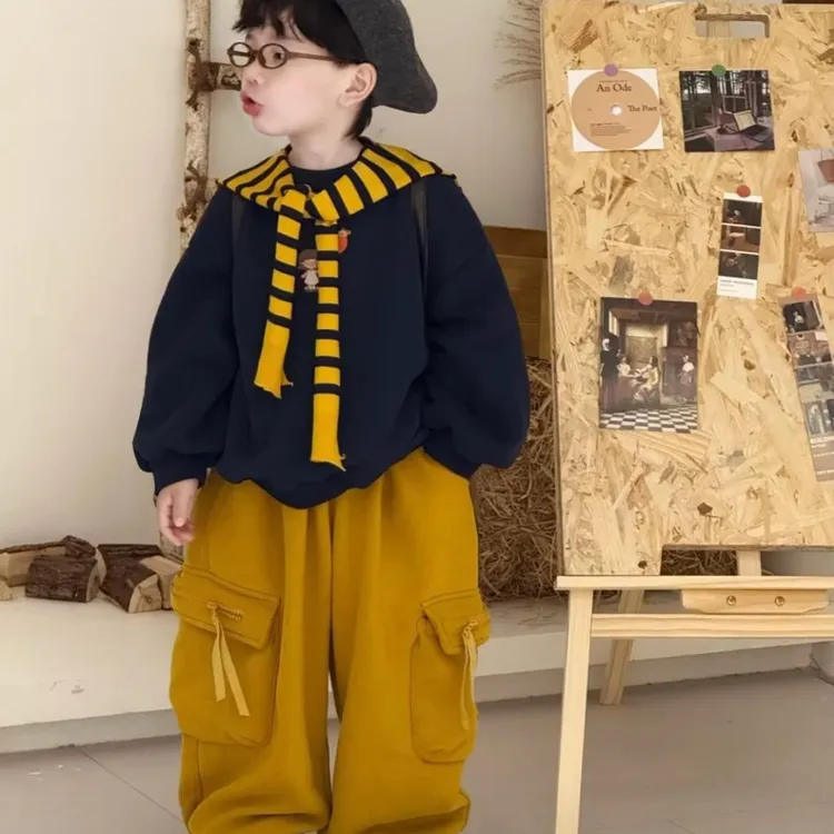 儿童套装2025秋冬季男童韩版加绒加厚卫衣带披肩百搭裤子两件套潮