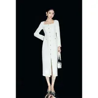 【MandyZhang】法式优雅钻扣长袖香风连衣裙女方领收腰轻礼服裙子