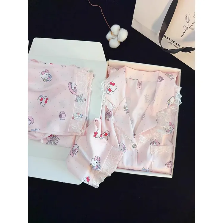 可爱HelloKitty睡衣女款春秋新款蕾丝花边长袖长裤家居服爆款套装