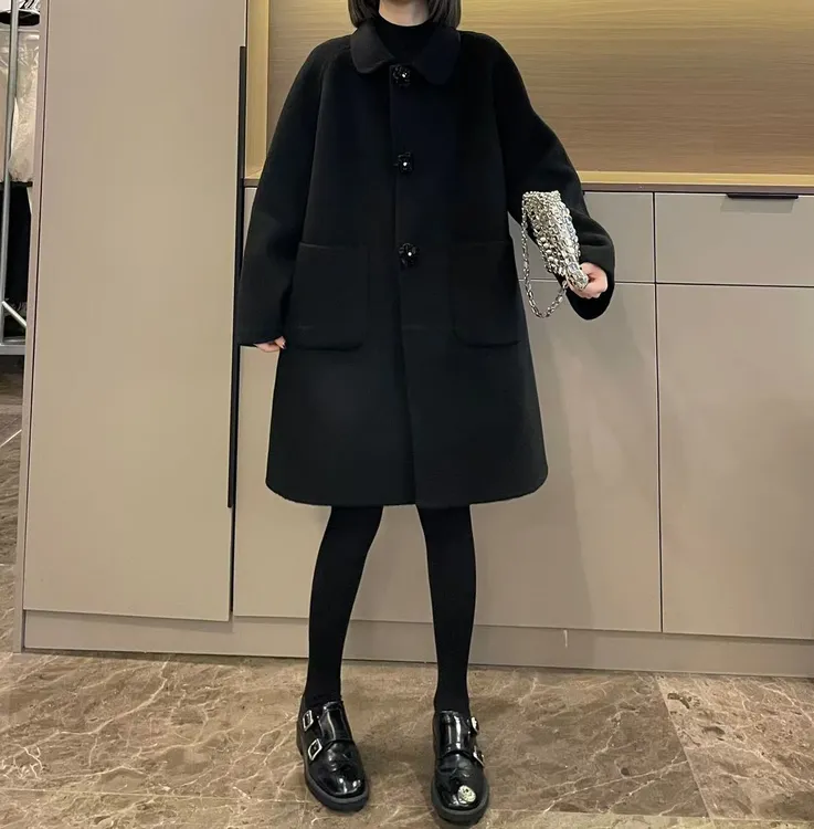 米可/MK-3128ZJ【翻领花朵扣双面大衣】时尚休闲冬季新款双面大衣