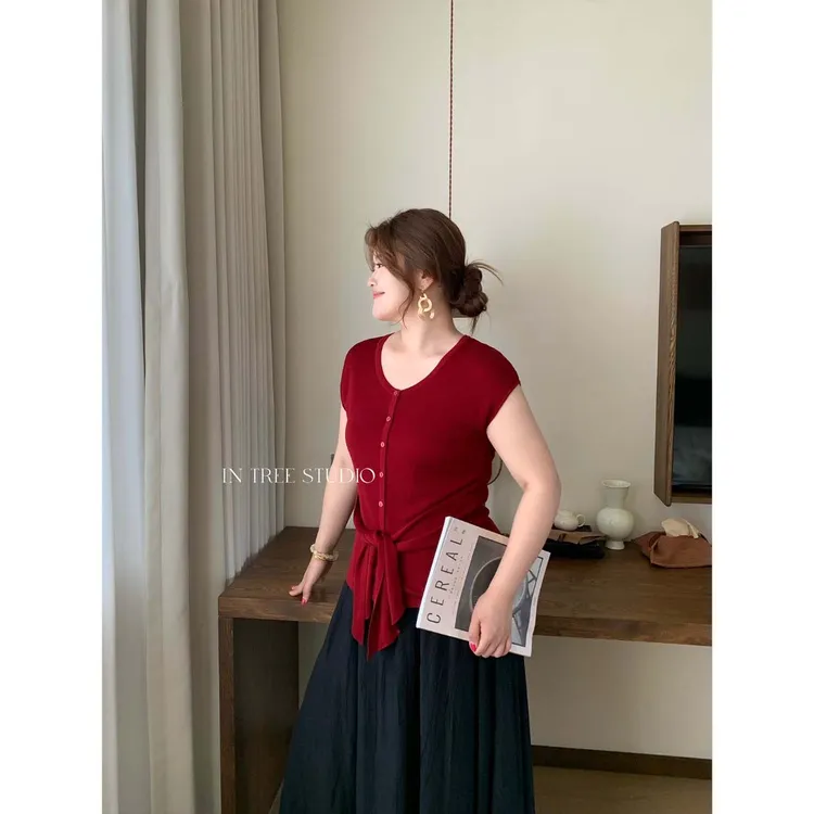 In Tree张桶桶【时髦系带】莱赛尔圆领针织正肩上衣T设计感ZXD01923