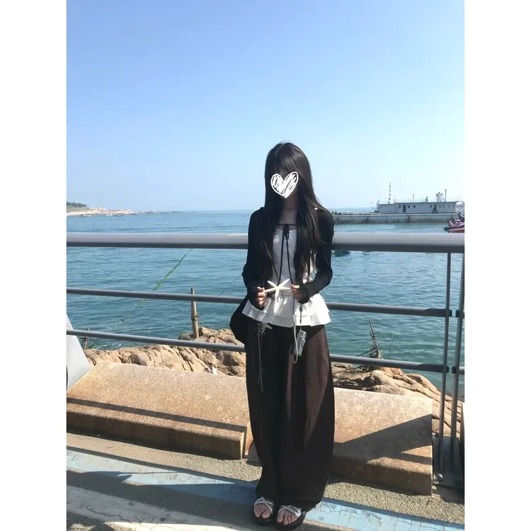 韩系系带长袖开衫外套荷叶边吊带背心高腰垂感阔腿裤夏季三件套