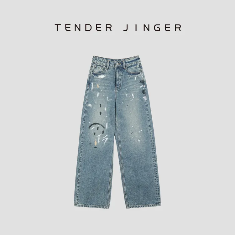 Tender Jinger【黑标】时尚复古美式泼墨涂鸦牛仔直筒裤T51SAI80012