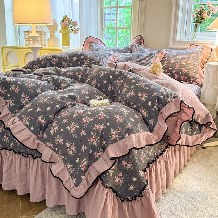 A类小碎花针织棉床盖款被套四件套可拆洗被罩床上用品装被芯夹棉