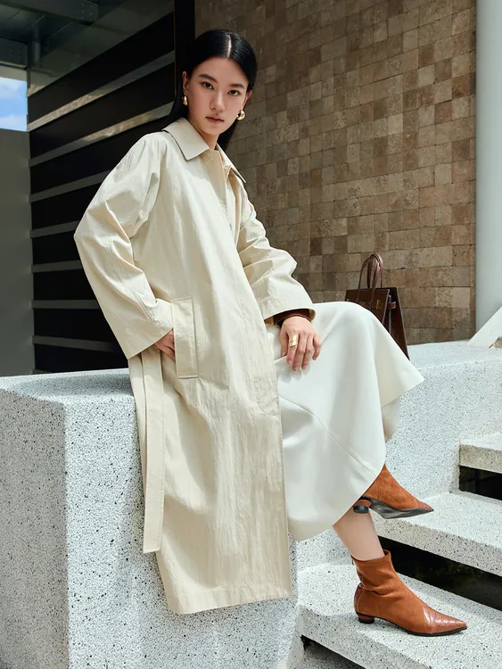 玛氏嘉敏 新品 微皱肌理感棉质经典简约气质长款风衣外套 652270