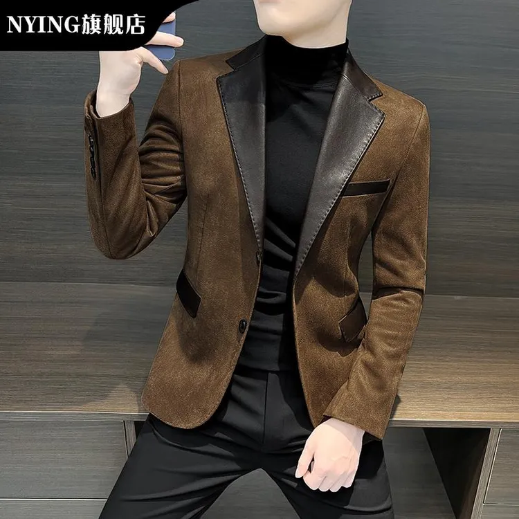 NYING休闲西装外套男士春秋款2025新款爆款单西高级感痞帅拼皮西