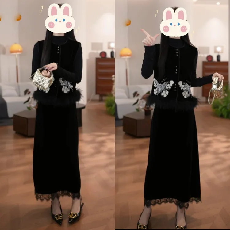 季新款复古新中式马甲丝绒半身裙套装BB50357