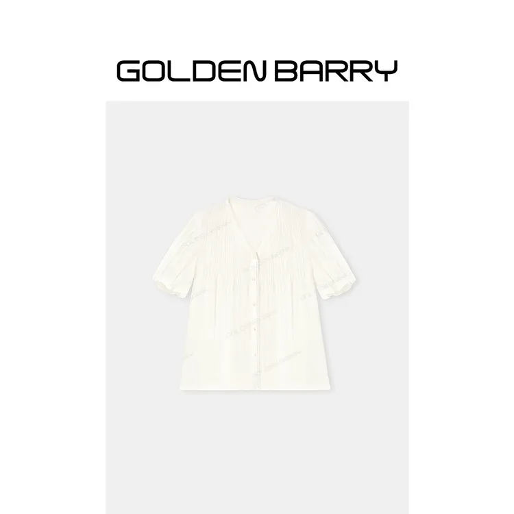GOLDENBARRY「云褶藏风」亚麻压褶v领衬衫GB060902004